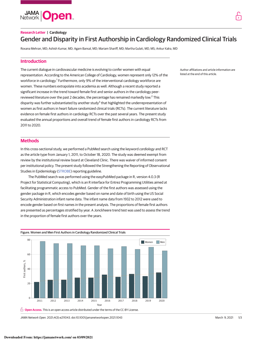 Pdf Gender And Disparity In First Authorship In Cardiology Randomized Clinical Trials 