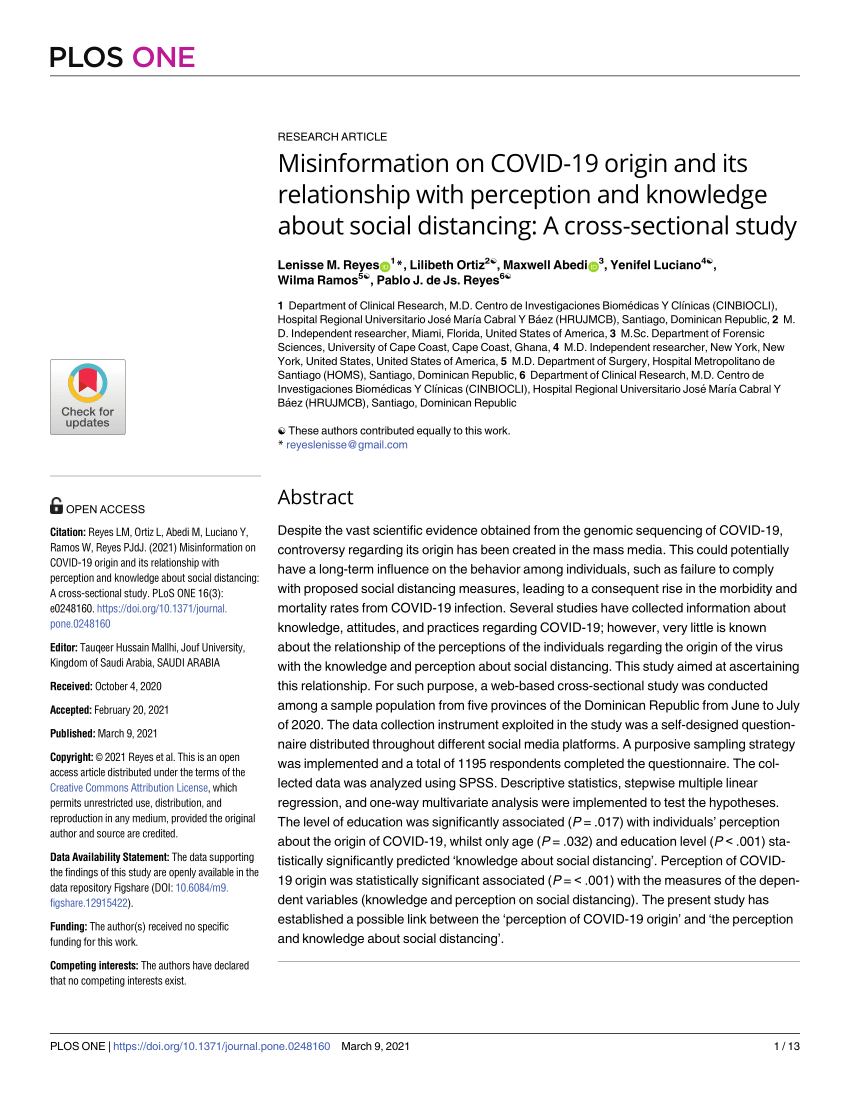 Pdf Misinformation On Covid 19 Origin And Its Relationship With Perception And Knowledge About Social Distancing A Cross Sectional Study
