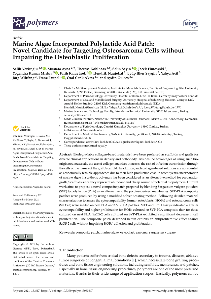 Pdf Marine Algae Incorporated Polylactide Acid Patch Novel Candidate For Targeting Osteosarcoma Cells Without Impairing The Osteoblastic Proliferation
