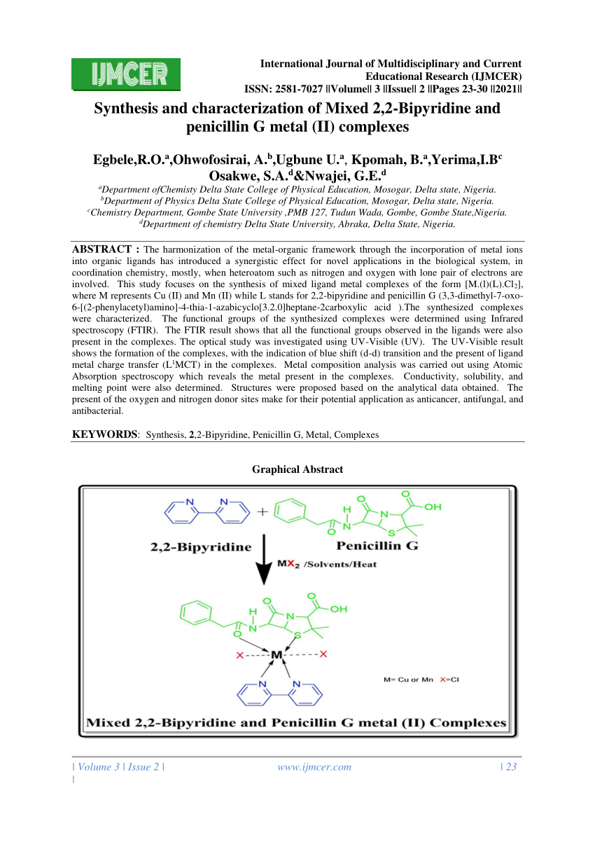 Pdf Synthesis And Characterization Of Mixed 2 2 Bipyridine And Penicillin G Metal Ii Complexes