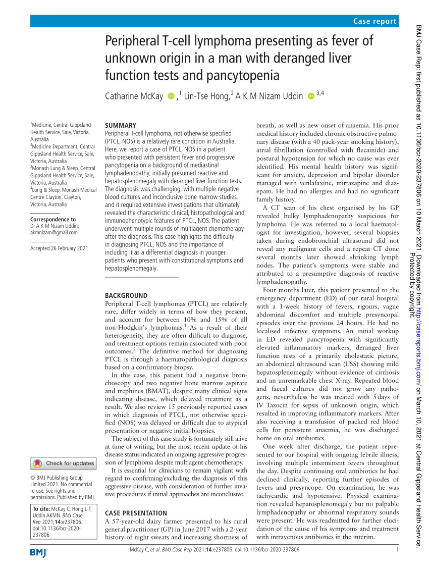 Pdf Peripheral T Cell Lymphoma Presenting As Fever Of Unknown Origin In A Man With Deranged 