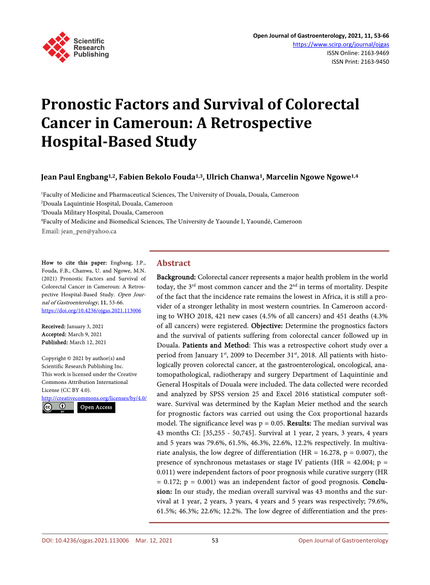 Pdf Pronostic Factors And Survival Of Colorectal Cancer In Cameroun A Retrospective Hospital Based Study