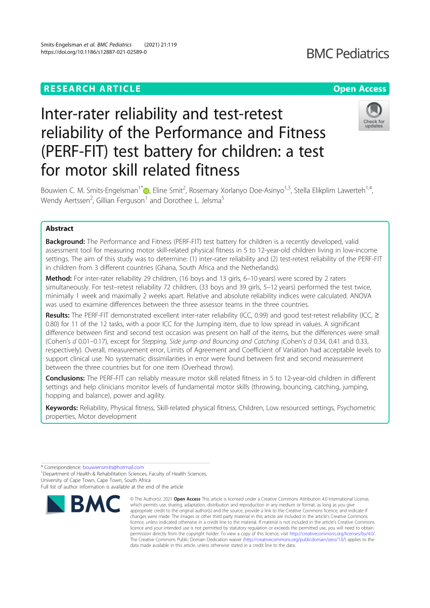 Pdf Inter-rater Reliability And Test-retest Reliability Of The Performance And Fitness Perf-fit Test Battery For Children A Test For Motor Skill Related Fitness
