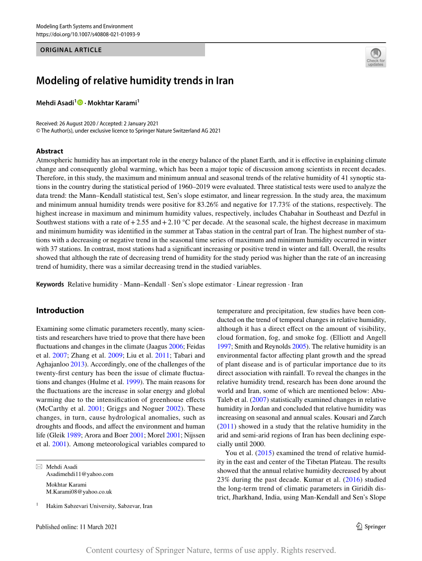 PDF Modeling of relative humidity trends in Iran