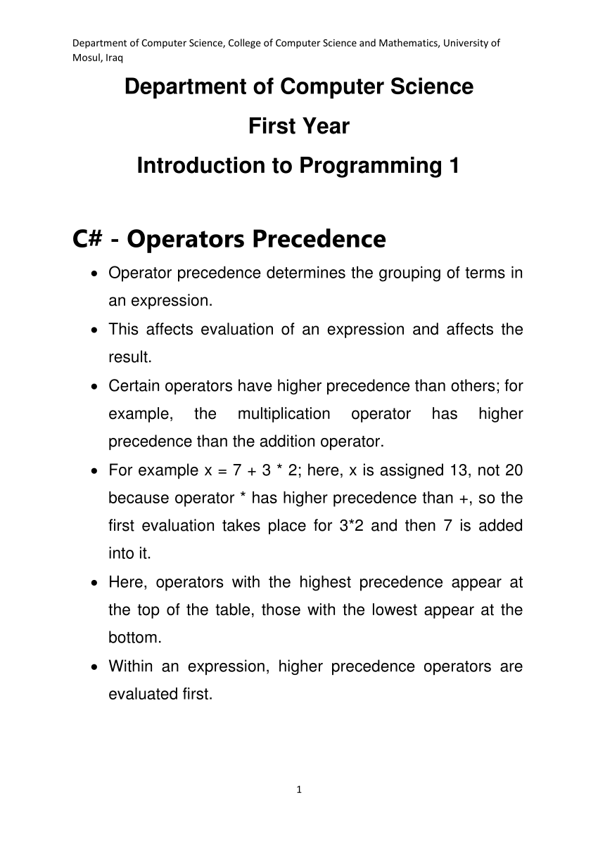 Pdf Lecture 8 C Operators Precedence