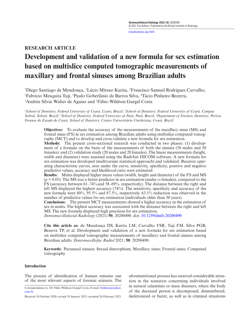 Pdf Development And Validation Of A New Formula For Sex Estimation Based On Multislice 4139