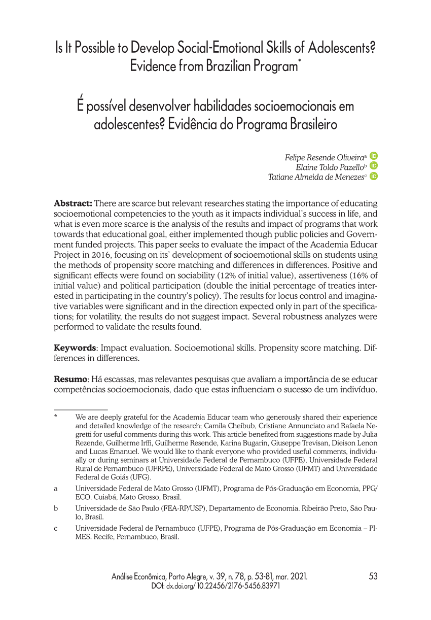 Pdf Is It Possible To Develop Social Emotional Skills Of Adolescents Evidence From Brazilian Program
