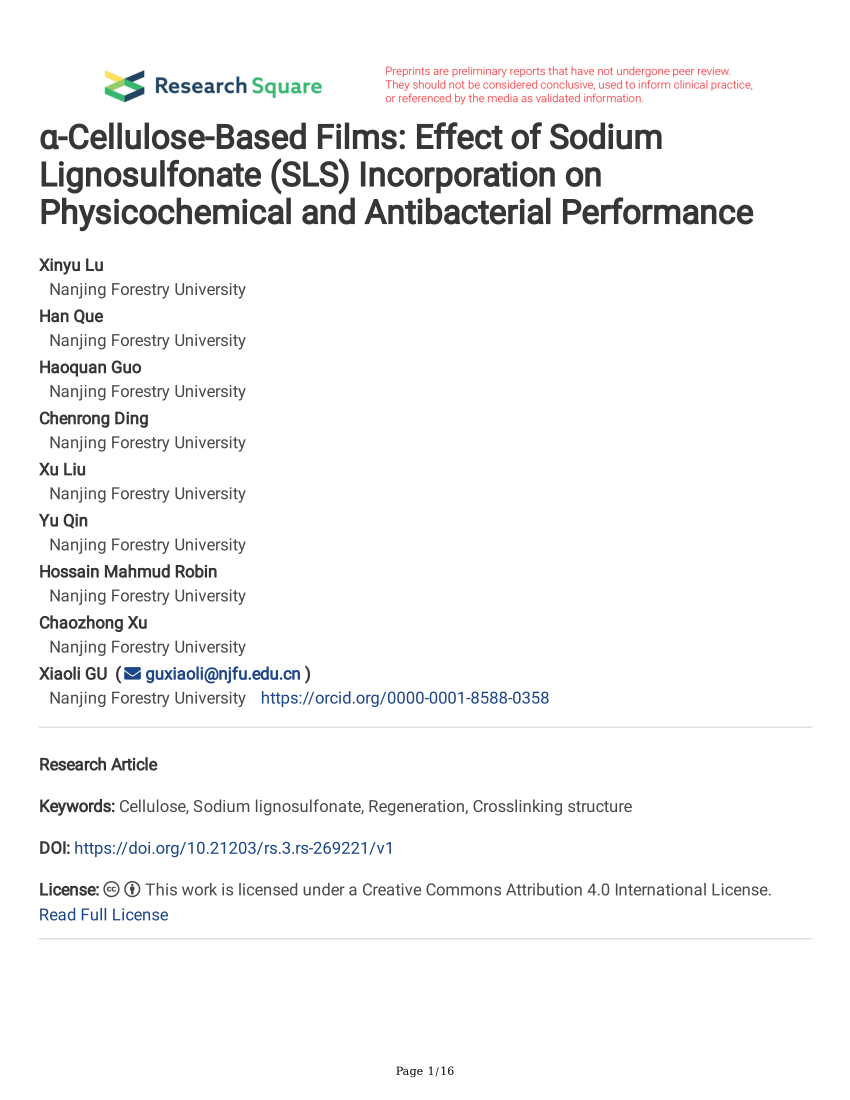 PDF) α-Cellulose-Based Films: Effect of Sodium Lignosulfonate (SLS 