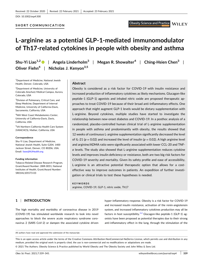 PDF) L‐arginine as a potential GLP‐1‐mediated immunomodulator of  Th17‐related cytokines in people with obesity and asthma