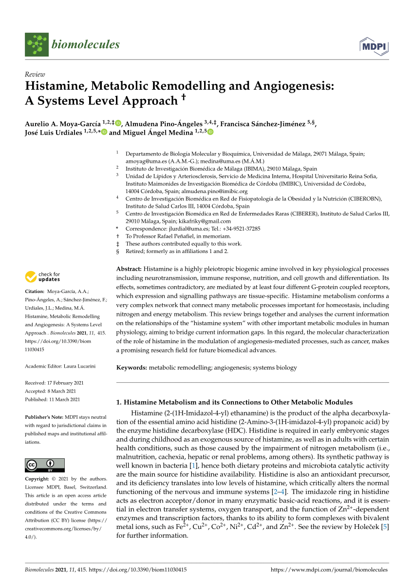 Pdf Histamine Metabolic Remodelling And Angiogenesis A Systems Level Approach