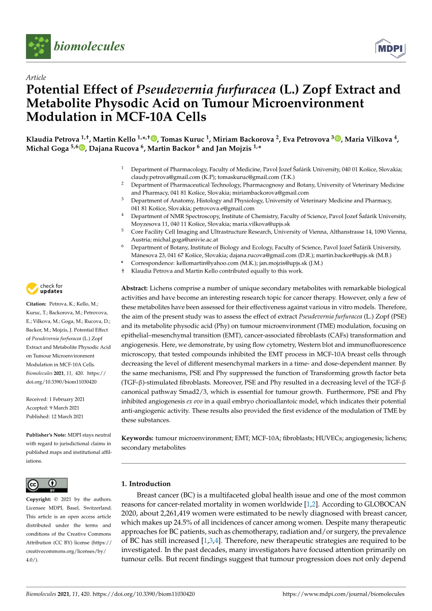 Pdf Potential Effect Of Pseudevernia Furfuracea L Zopf Extract And Metabolite Physodic Acid On Tumour Microenvironment Modulation In Mcf 10a Cells
