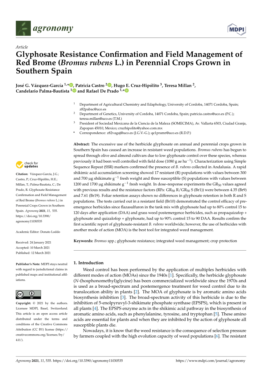 Pdf Glyphosate Resistance Confirmation And Field Management Of Red Brome Bromus Rubens L In Perennial Crops Grown In Southern Spain