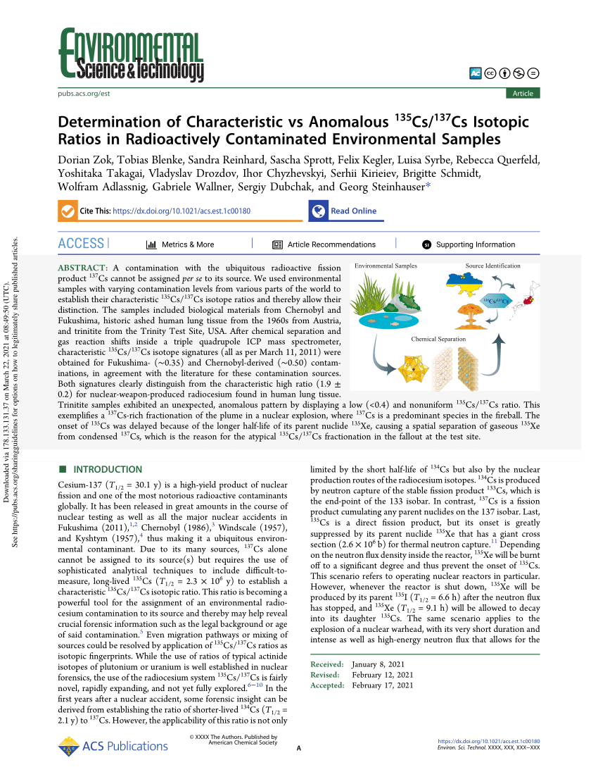 Pdf Determination Of Characteristic Vs Anomalous 135 Cs 137 Cs Isotopic Ratios In Radioactively Contaminated Environmental Samples