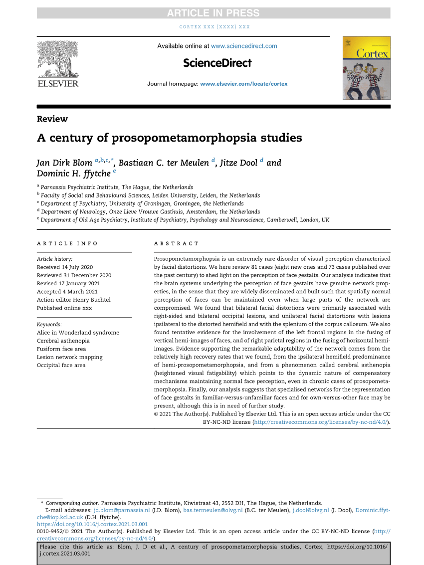 (PDF) A century of prosopometamorphopsia studies