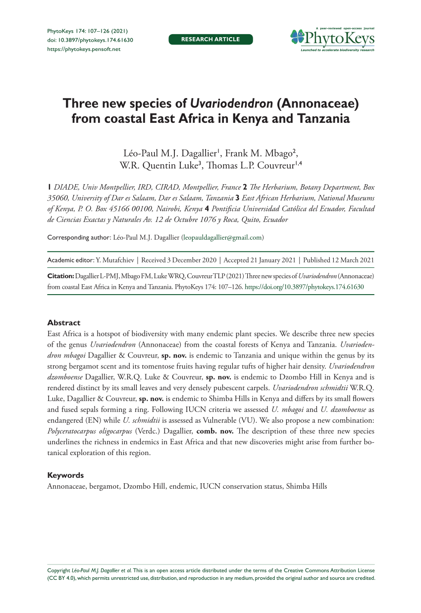 Pdf Three New Species Of Uvariodendron Annonaceae From Coastal East Africa In Kenya And Tanzania