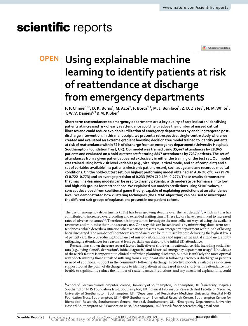 PDF) Identifying those at risk of reattendance at discharge from emergency  departments using explainable machine learning