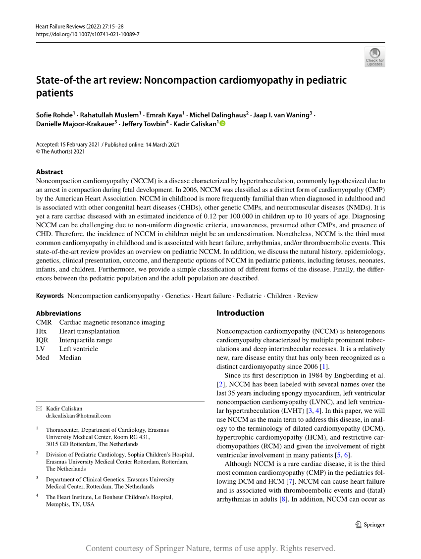 Pdf State Of The Art Review Noncompaction Cardiomyopathy In Pediatric Patients