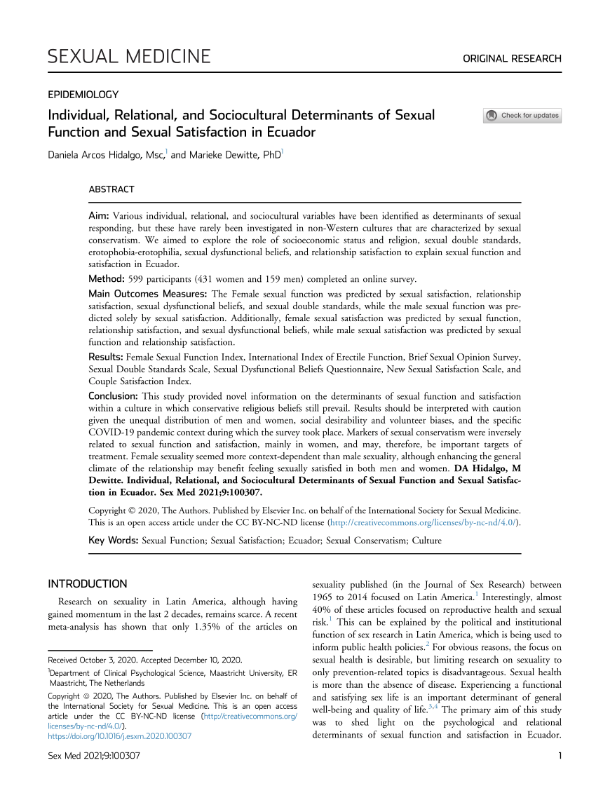 PDF) Individual, Relational, and Sociocultural Determinants of Sexual  Function and Sexual Satisfaction in Ecuador