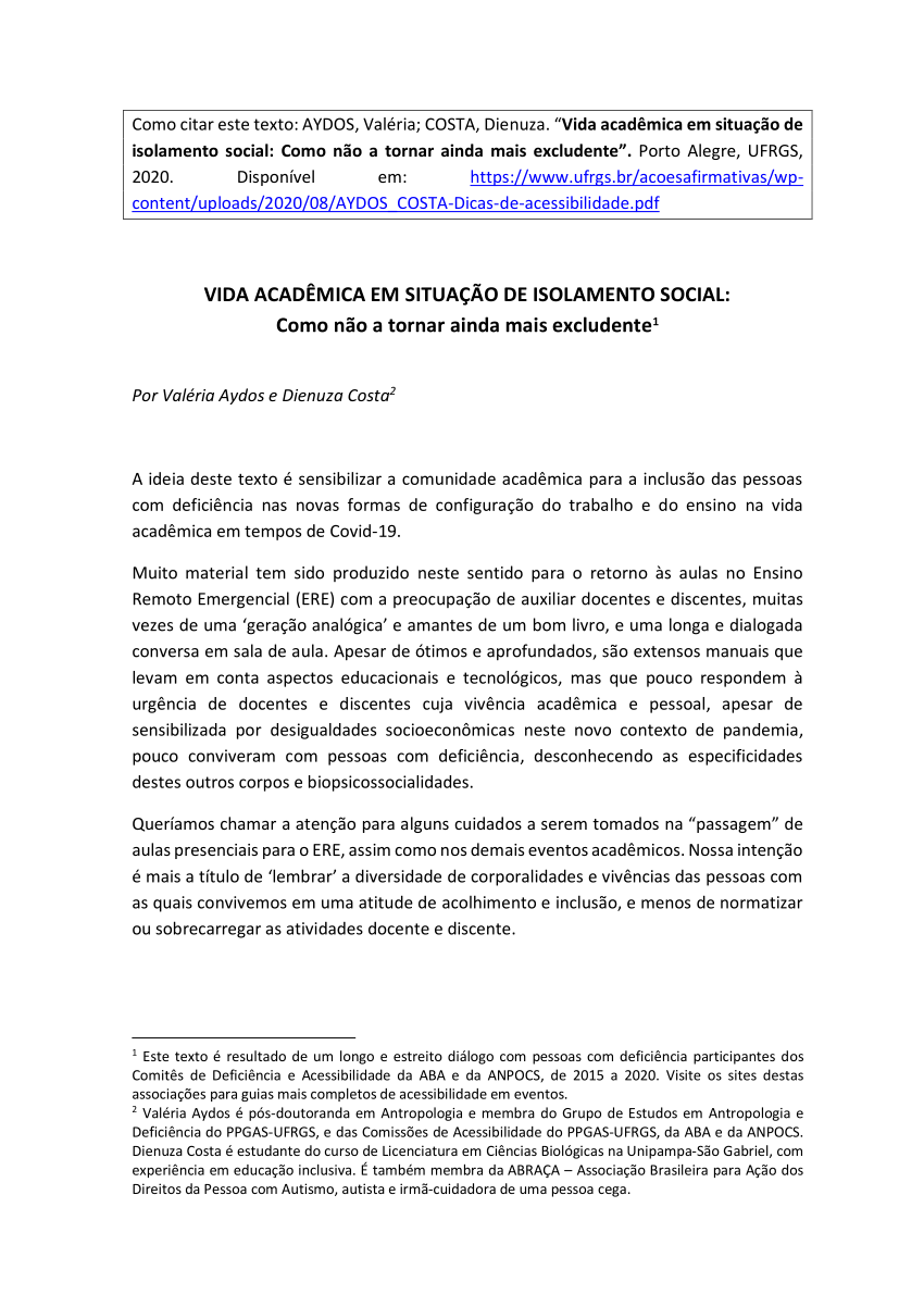 (PDF) AYDOS COSTA - Vida acadêmica em situação de isolamento social ...