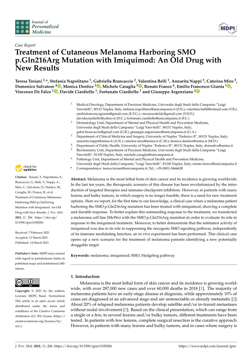 Pdf Treatment Of Cutaneous Melanoma Harboring Smo P Gln216arg Mutation With Imiquimod An Old Drug With New Results