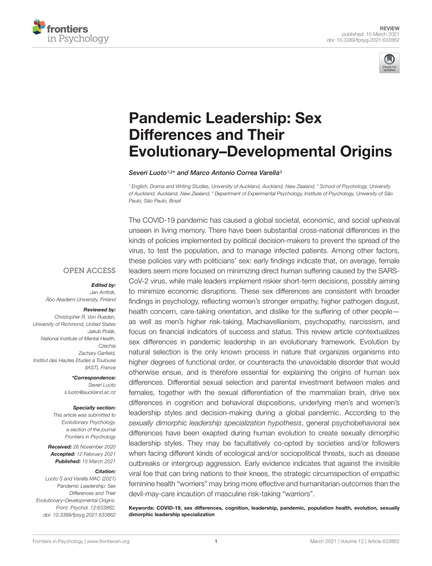 Pdf Pandemic Leadership Sex Differences And Their Evolutionary