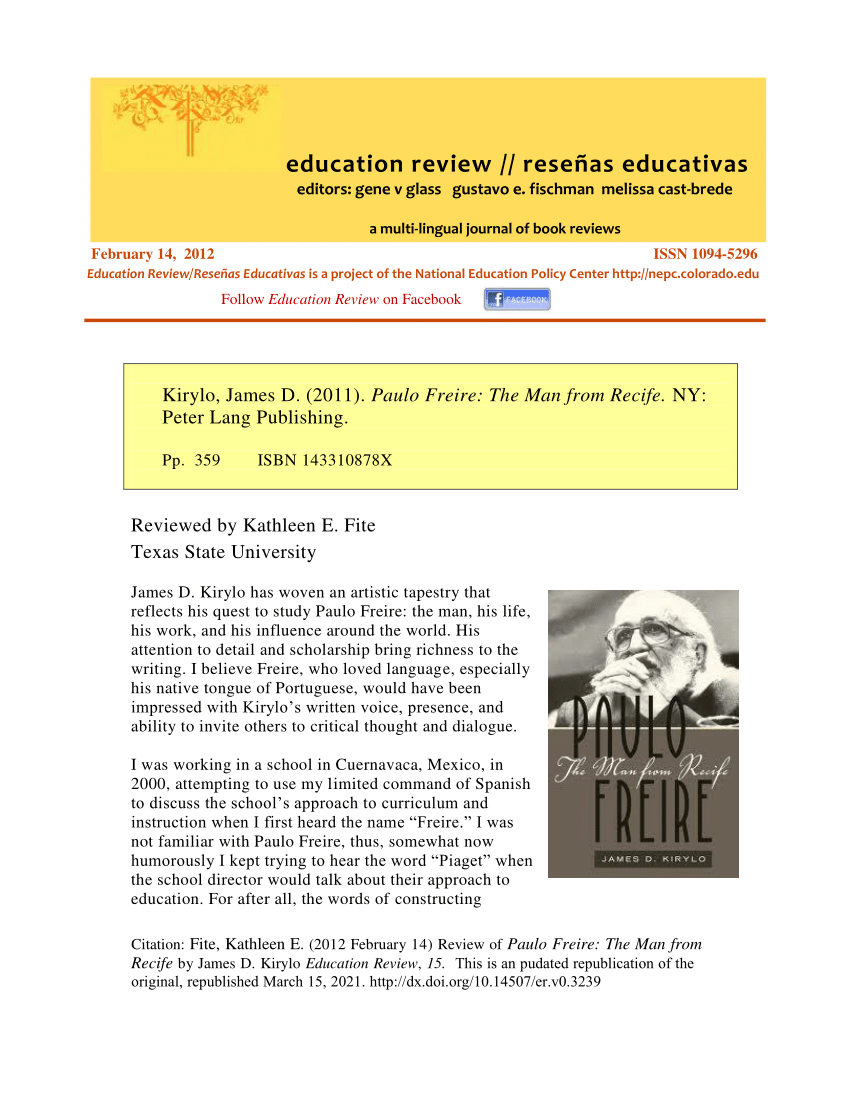 Pdf Review Of Paulo Freire The Man From Recife