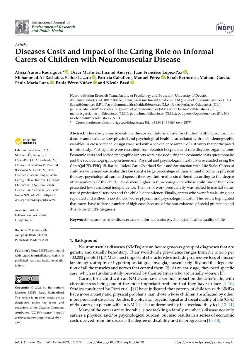 Pdf Diseases Costs And Impact Of The Caring Role On Informal Carers Of Children With Neuromuscular Disease