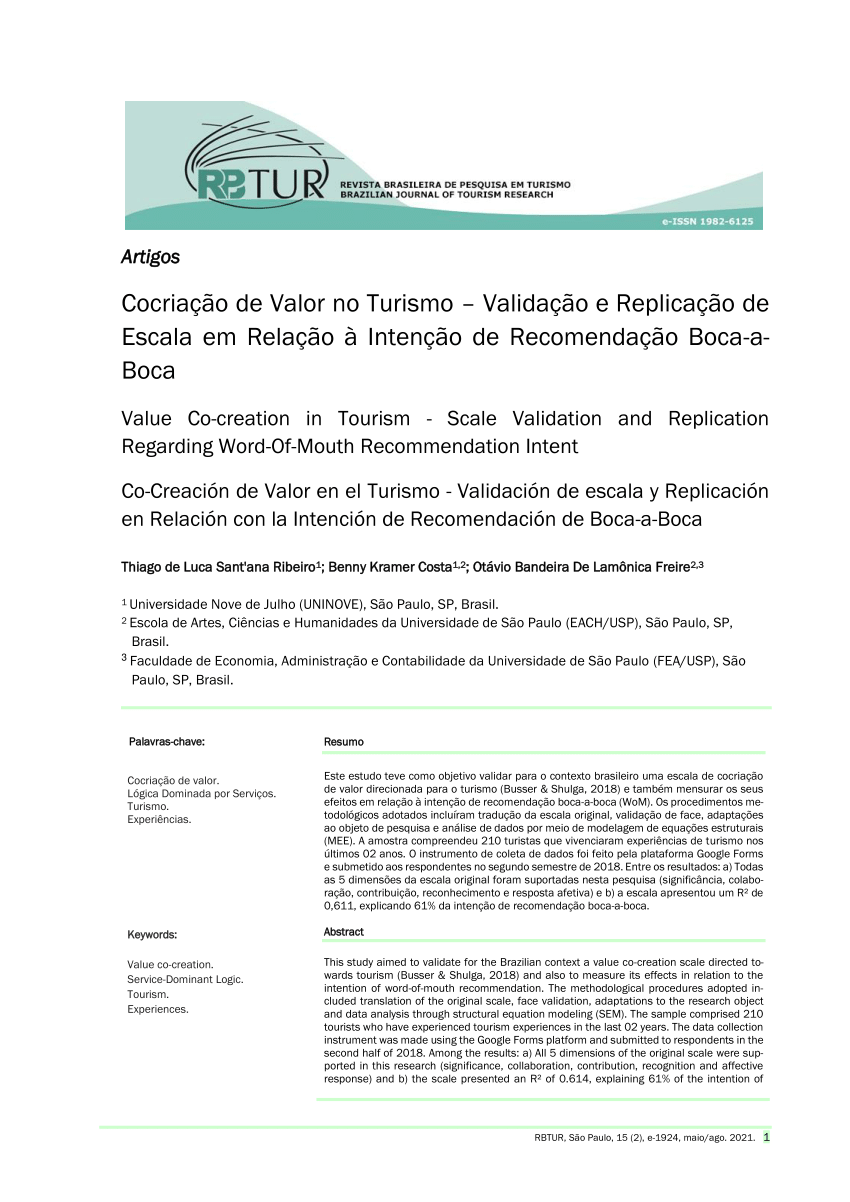 Cocriação de Valor no Turismo – Validação e Replicação de Escala em Relação  à Intenção de Recomendação Boca-aBoca