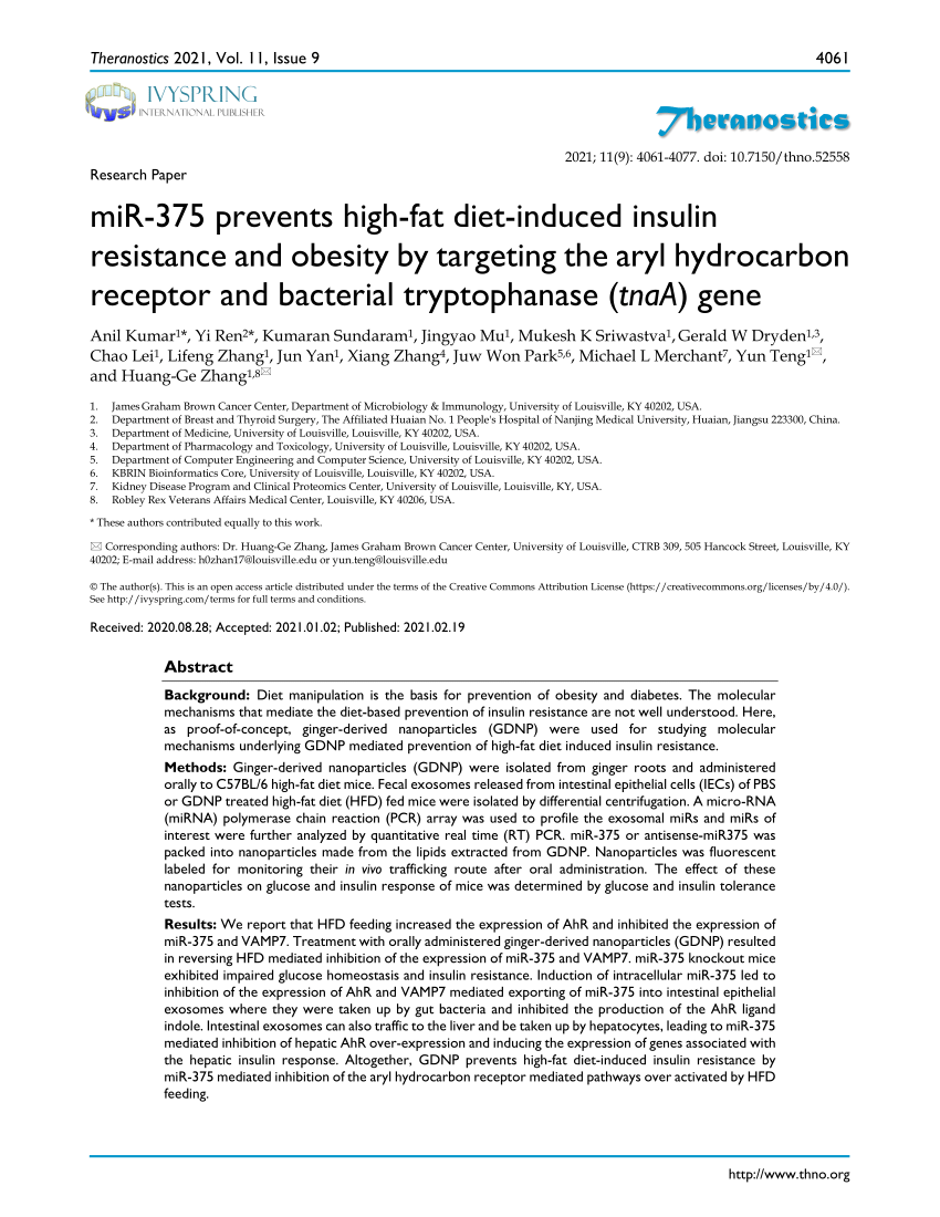 PDF miR 375 prevents high fat diet induced insulin resistance and