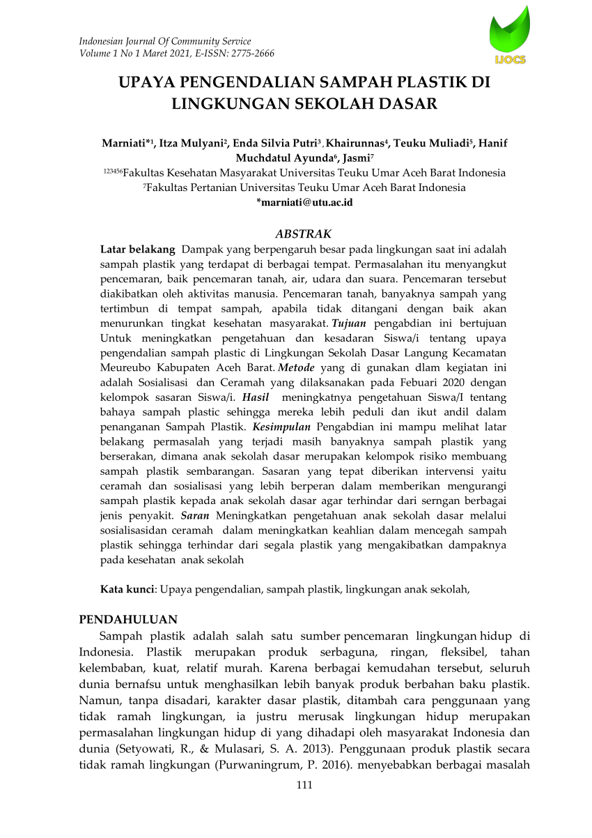 (PDF) UPAYA PENGENDALIAN SAMPAH PLASTIK DI LINGKUNGAN SEKOLAH DASAR