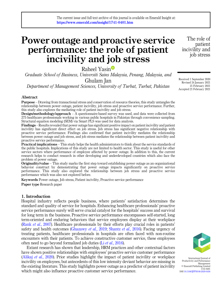 Pdf Power Outage And Proactive Service Performance The Role Of Patient Incivility And Job Stress