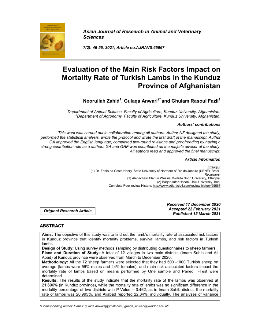 PDF) Evaluation of the Main Risk Factors Impact on Mortality Rate of  Turkish Lambs in the Kunduz Province of Afghanistan