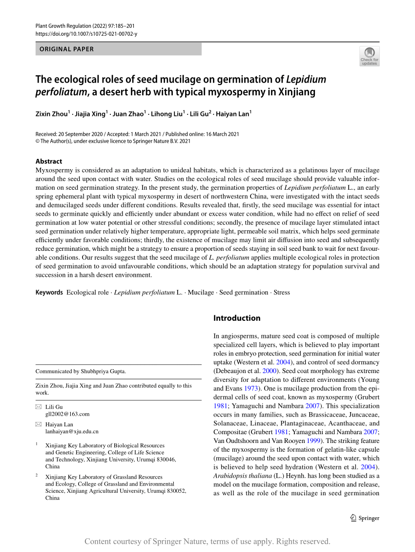 The Ecological Roles Of Seed Mucilage On Germination Of Lepidium Perfoliatum A Desert Herb With Typical Myxospermy In Xinjiang Request Pdf
