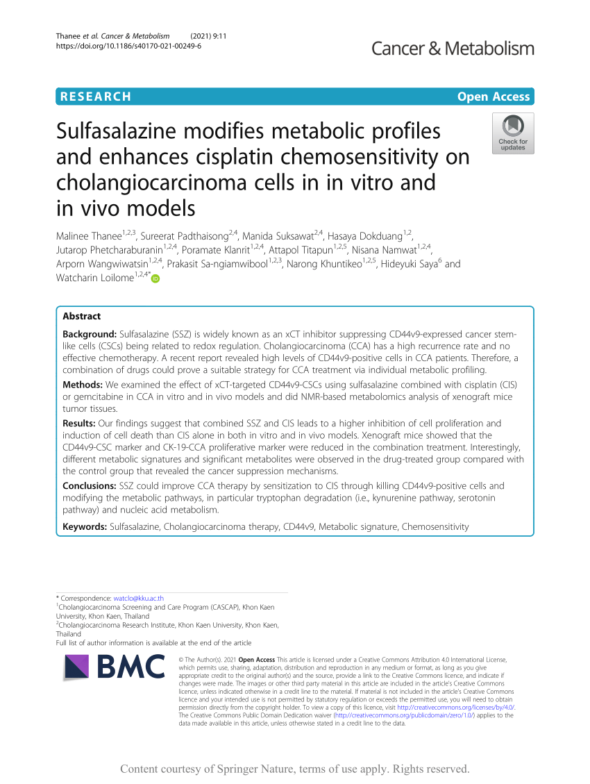 PDF) Sulfasalazine modifies metabolic profiles and enhances cisplatin  chemosensitivity on cholangiocarcinoma cells in in vitro and in vivo models