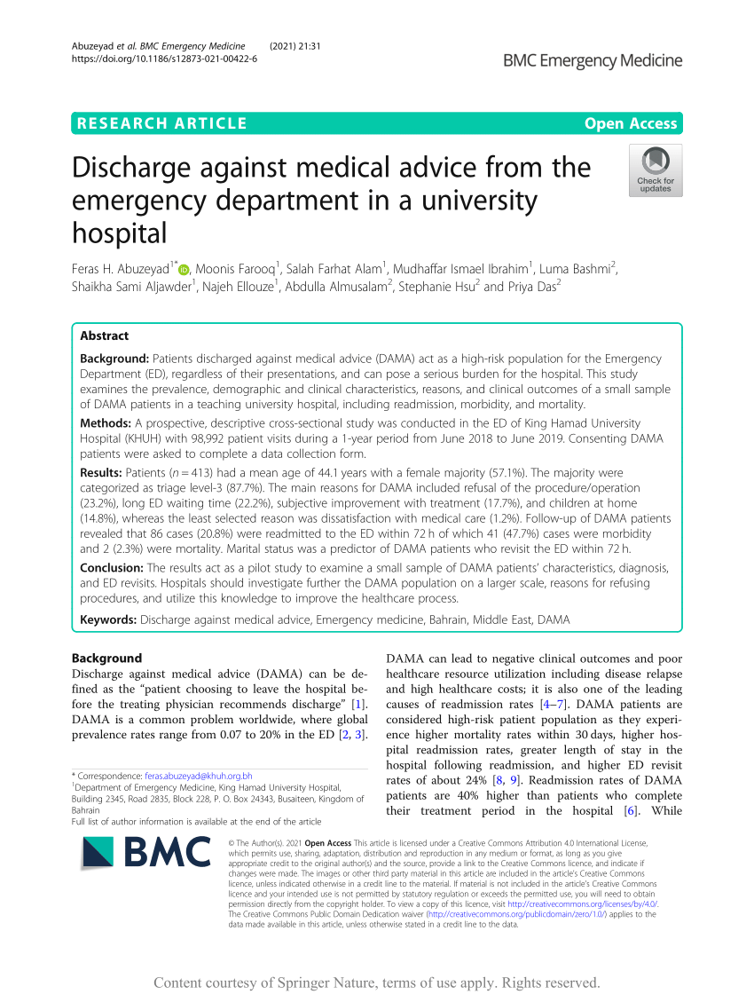 Pdf Discharge Against Medical Advice From The Emergency Department In A University Hospital 0081