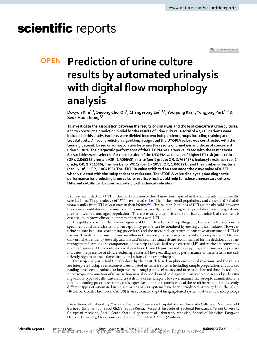 Pdf Prediction Of Urine Culture Results By Automated Urinalysis With Digital Flow Morphology 4036