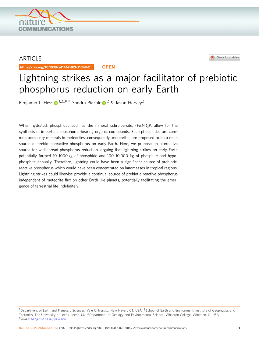 Pdf Lightning Strikes As A Major Facilitator Of Prebiotic Phosphorus Reduction On Early Earth 