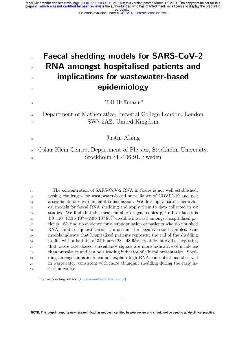 (PDF) Faecal shedding models for SARS-CoV-2 RNA among hospitalised ...
