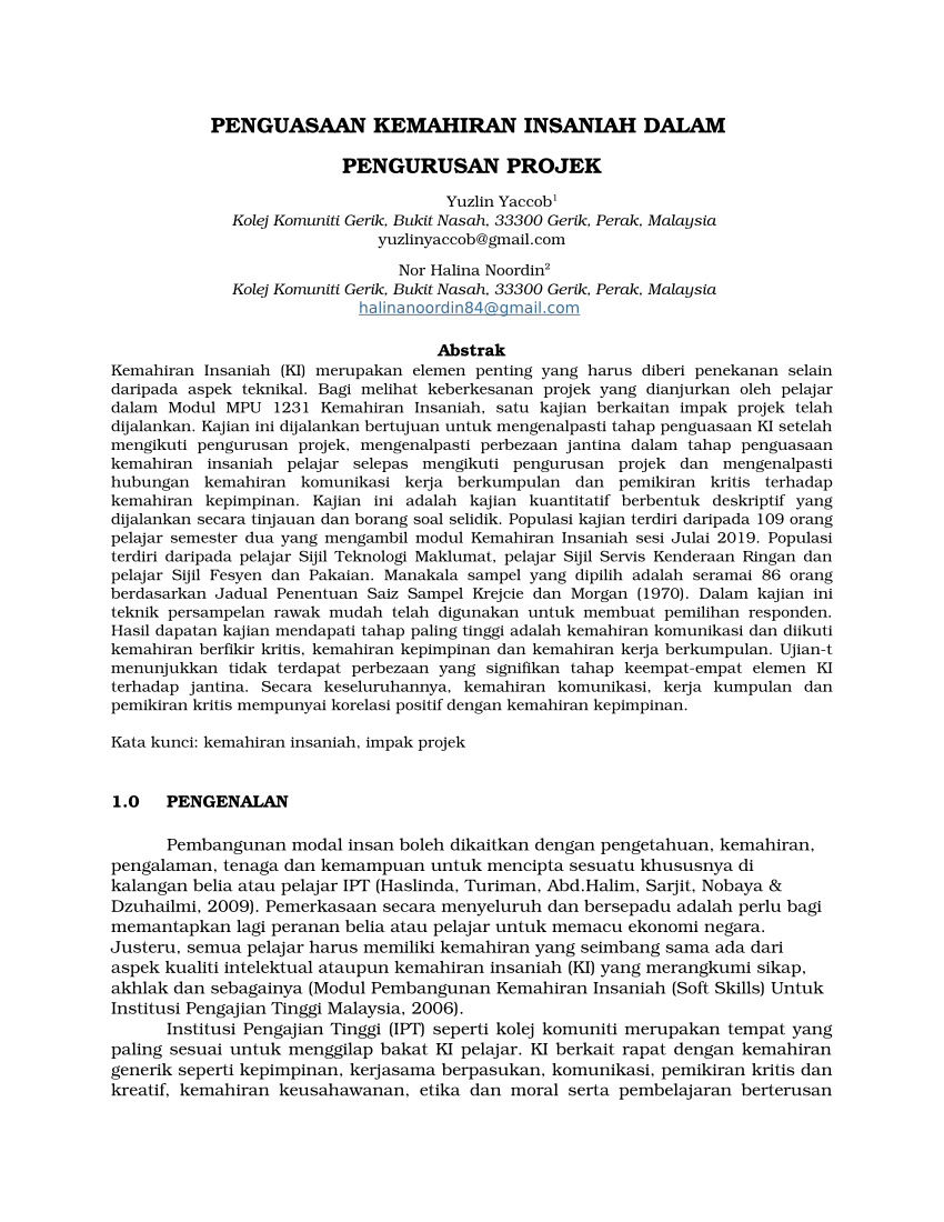 Pdf Impak Pengurusan Projek Terhadap Pembangunan Kemahiran Insaniah