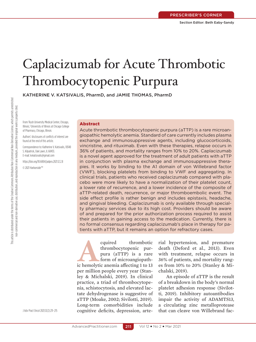 Pdf Caplacizumab For Acute Thrombotic Thrombocytopenic Purpura