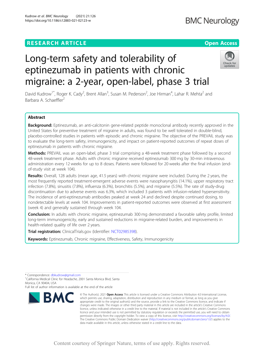 Pdf Long Term Safety And Tolerability Of Eptinezumab In Patients With Chronic Migraine A 2 Year Open Label Phase 3 Trial