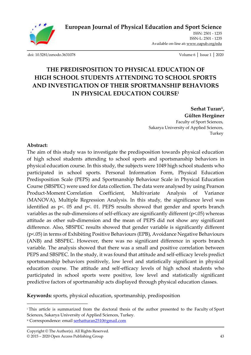 Pdf The Predisposition To Physical Education Of High School Students Attending To School Sports And Investigation Of Their Sportmanship Behaviors In Physical Education Course I