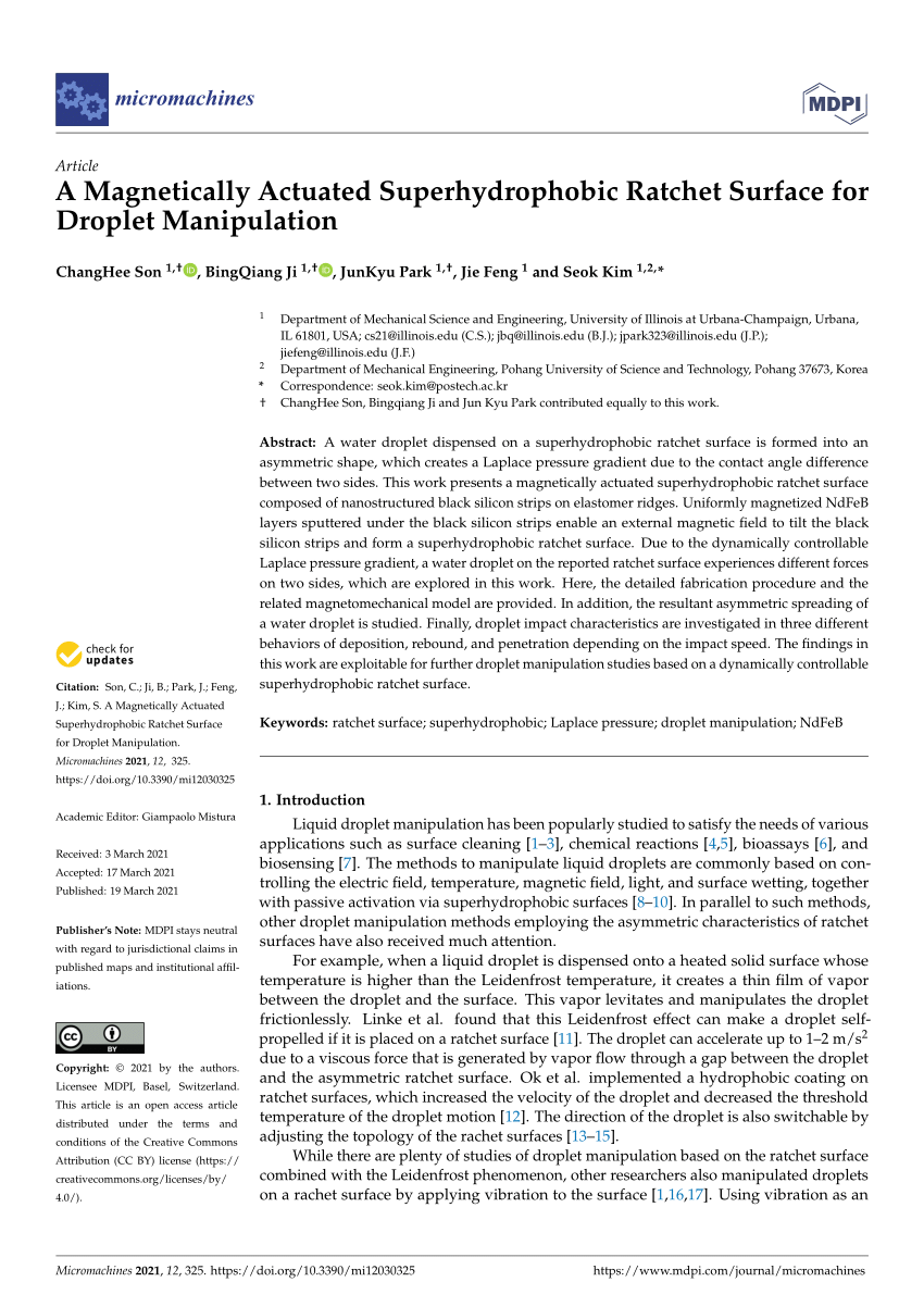 Pdf A Magnetically Actuated Superhydrophobic Ratchet Surface For Droplet Manipulation