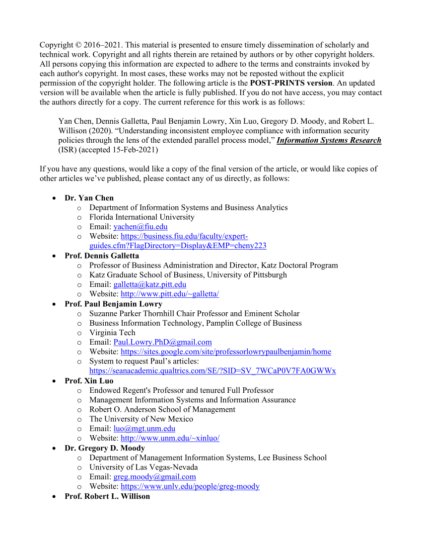 PDF) Understanding Inconsistent Employee Compliance with Information  Security Policies Through the Lens of the Extended Parallel Process Model