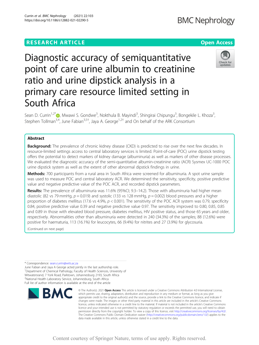 Pdf Diagnostic Accuracy Of Semiquantitative Point Of Care Urine Albumin To Creatinine Ratio And Urine Dipstick Analysis In A Primary Care Resource Limited Setting In South Africa