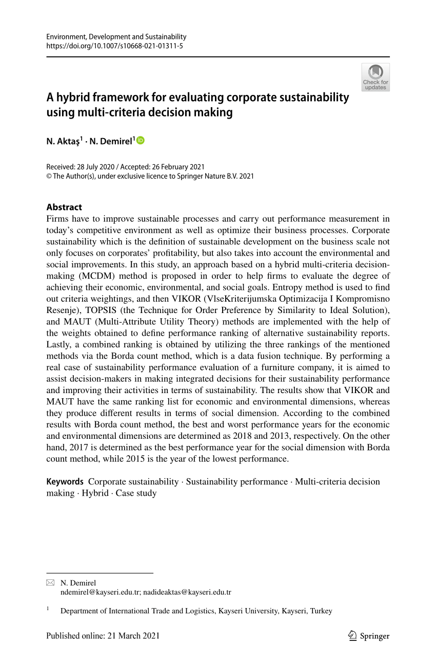 pdf a hybrid framework for evaluating corporate sustainability using multi criteria decision making