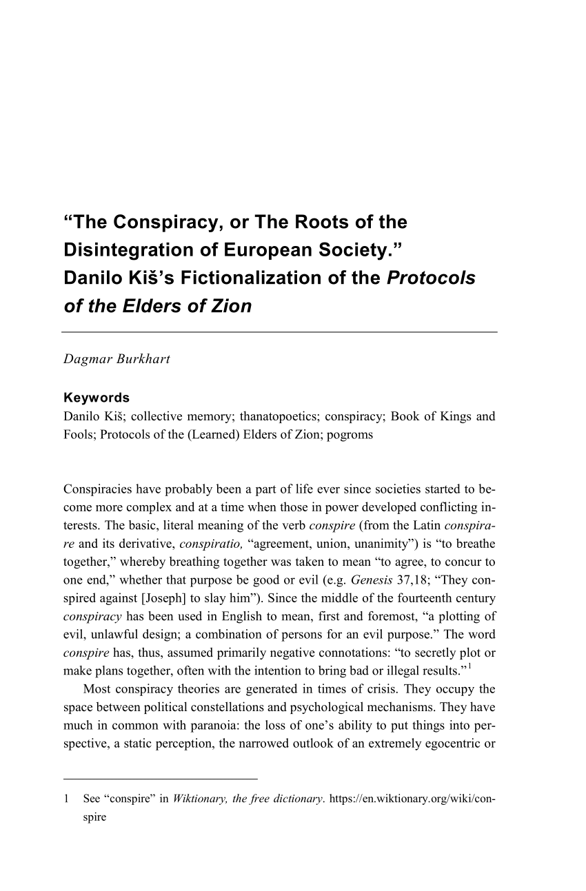PDF) “The Conspiracy, or the Roots of the Disintegration of European  Society.” Danilo Kiš's Fictionalization of the Protocols of the Elders of  Zion