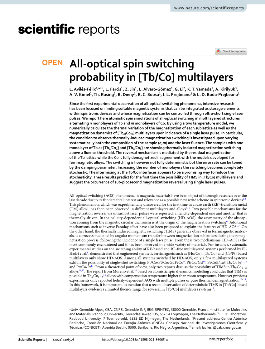 Pdf All Optical Spin Switching Probability In Tb Co Multilayers