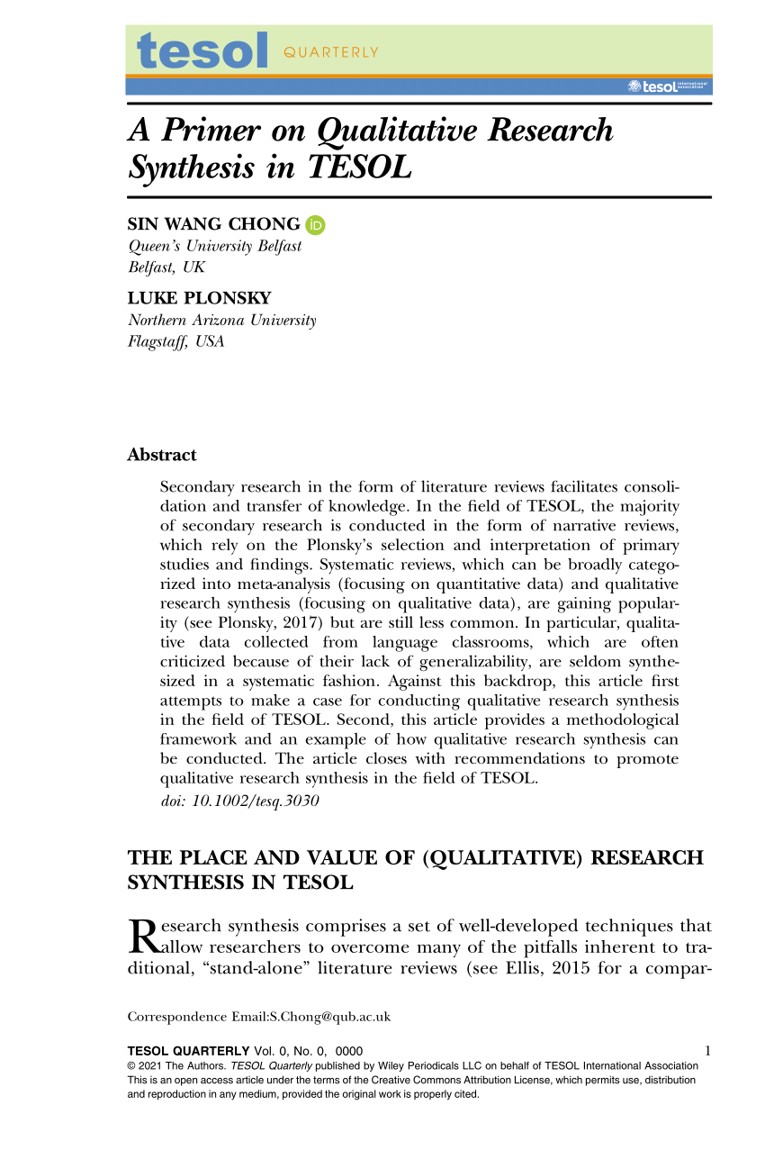 a primer on qualitative research synthesis in tesol