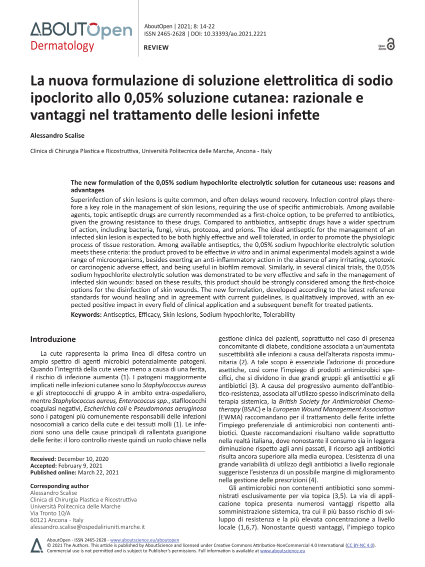 PDF) The new formulation of the 0,05% sodium hypochlorite electrolytic  solution for cutaneous use: reasons and advantages